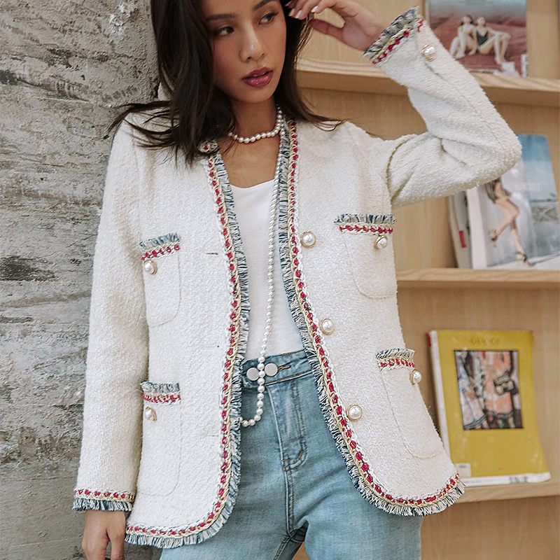 

JSXDHK Runway Designer Brand Ladies Tweed Fringe Jacket Coat New Autumn Winter Pearl Button Hit Color White Tassel Outerwear