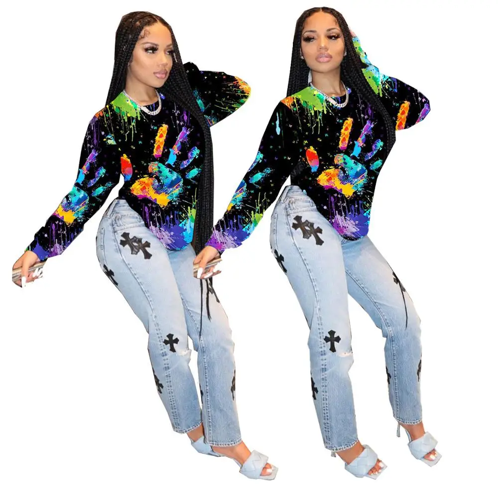 

Loose Oversized Round Neck Hoodie Fashion Personality Splash Ink Print Young Style Sweatshirt Autumn Casual Colorful Female Tops