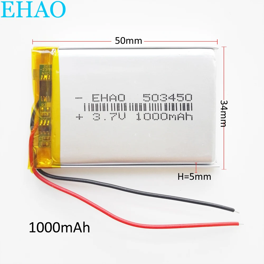 

3.7V 1000mAh Lithium Polymer LiPo Rechargeable Battery Cells 503450 For Mp3 DVD PAD Camera Recorder Speaker PSP MP4 MP5 5*34*50