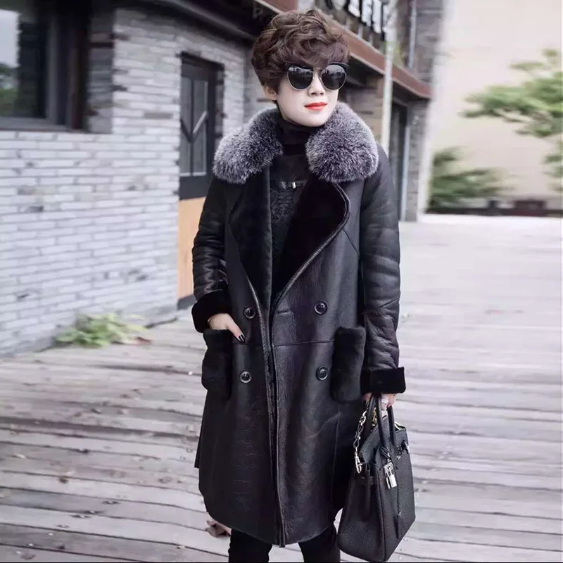 Женская куртка из искусственной кожи зимнее пальто средней длины овечьей с