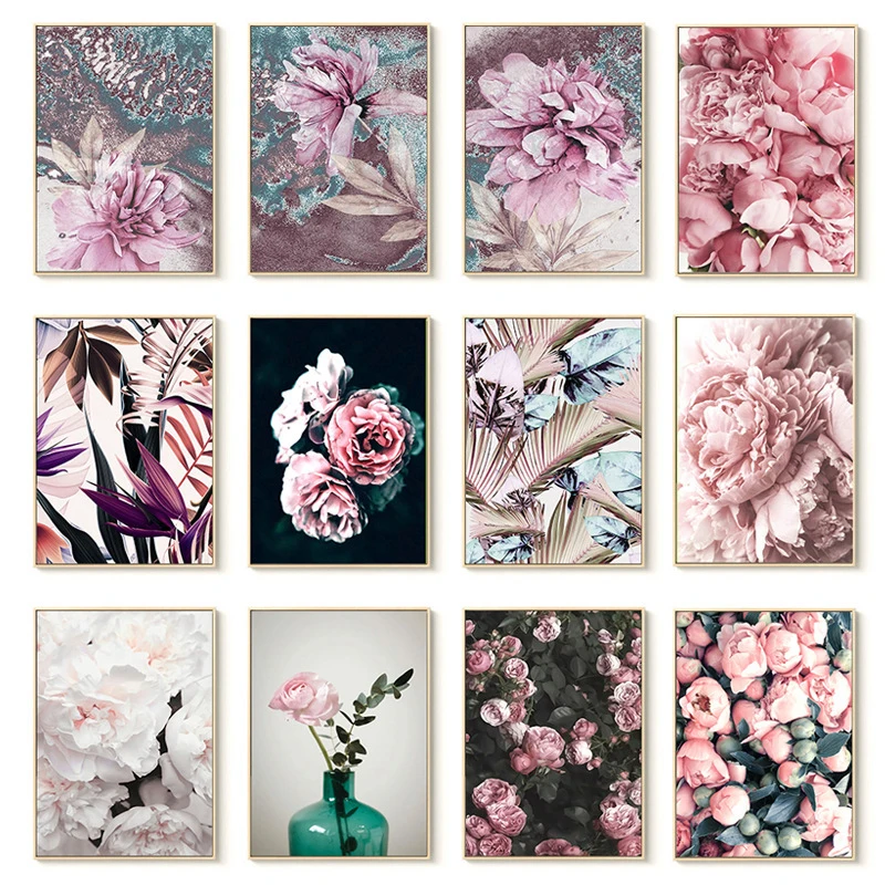 

Scandinavian fashion poster rose flower feather nordic style wall art print on canvas modern painting living room decor picture