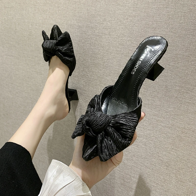 

Rimocy Black Pink Elegant Bow High Heels Sandals Women Sexy Pointed Toe Outdoor Slippers Woman Spring Summer Fashion Slides