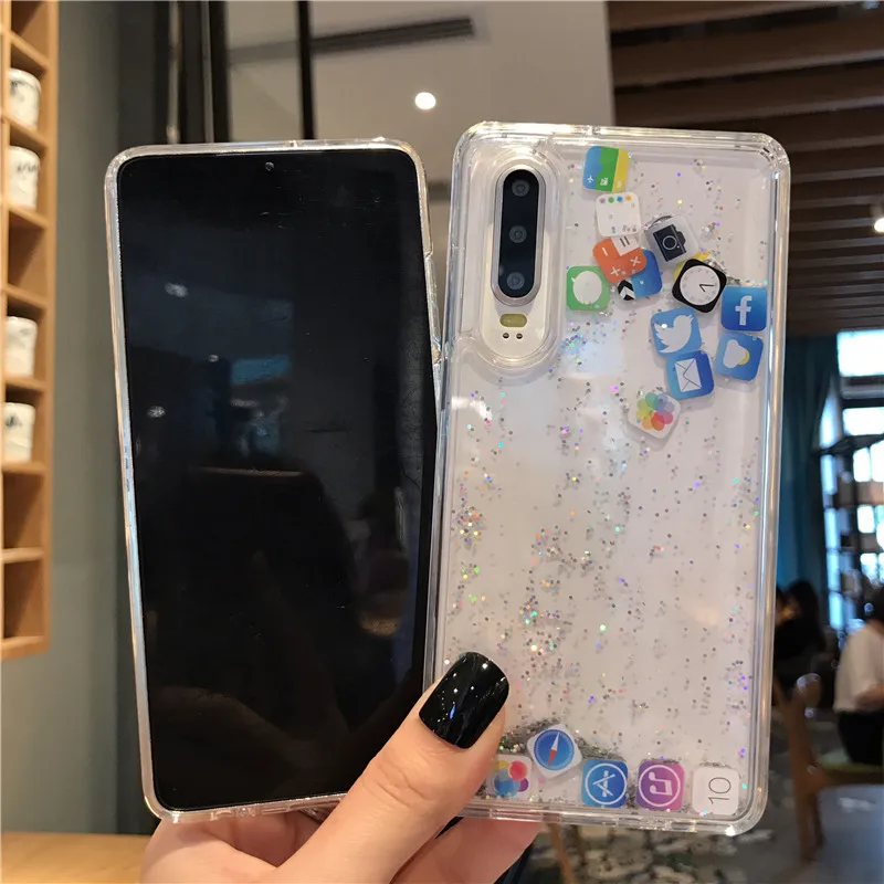 Quicksand Shell Cute APP Icon Coque For Huawei P20 P30 Pro Lite Nova 3 4 5 Honor V20 Liquid Hard PC Phone Case Transparent Cover |