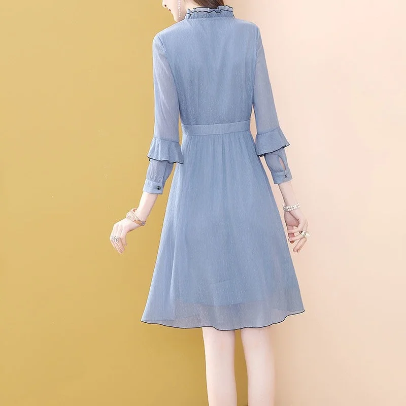 

2021 New Spring Summer Blue Women Dress Stand Collar Chiffon Bohemian Beach Dresses Female Midi Dresses Vestidos De Mujer Y875