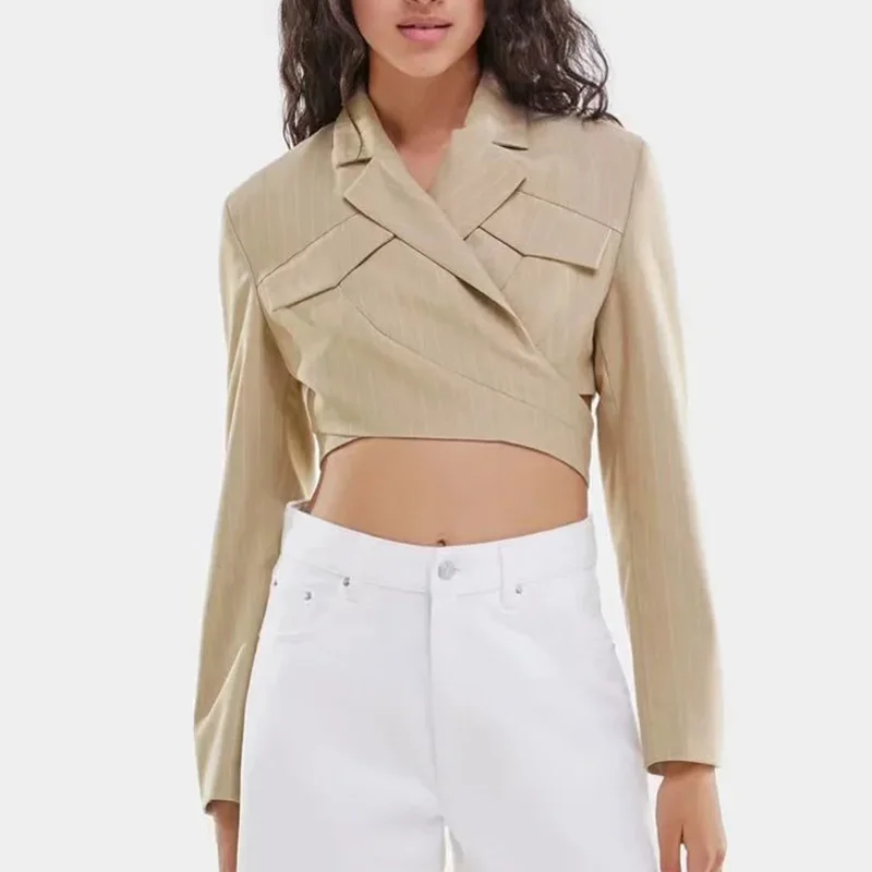 

Za 2021 Women Fashion Khaki lines Lady Blazer Short suit with buttons on the back Coat Long Sleeve Ladies Outerwear Stylish Tops