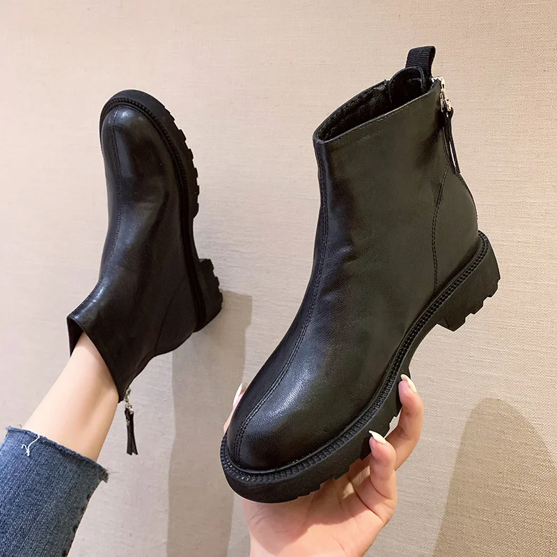 

Women's Rounded Toe Martin Boots Low Heels Solid Booties Pu Leather Jean Fall Winter Commuting Shoes Travelling Camping