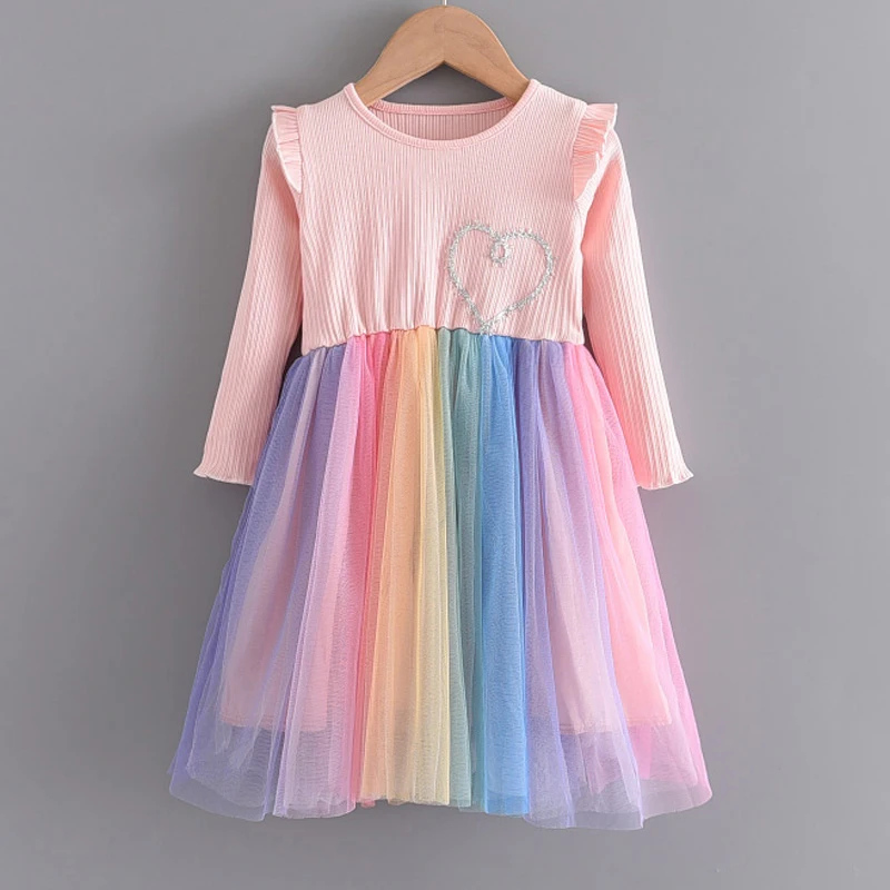 Для девочек в цветах радуги милые платья 2020 Новинка на осень с принтом сердечки
