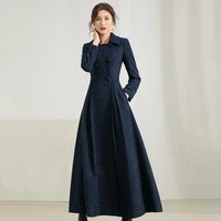 new women long woolen coat spring 2022 elegant fashion dark blue double breasted plaid all match thick warm wool blends overcoat