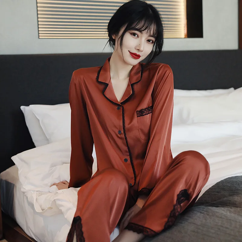 2021 New Spring and Summer Pajamas Women's Sexy Sleepwear Long Sleeve Suit Korean Black Lace Fashion Home Clothes Nightwear