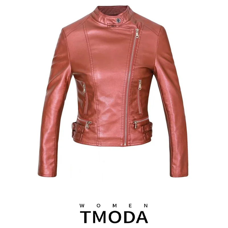 Куртка TMODA252 ZA Женская из искусственной кожи мотоциклетная блестящая красная
