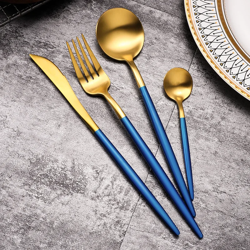 304 нержавеющая сталь Португалия синий с золотым ножом и вилка ложка посуда 4