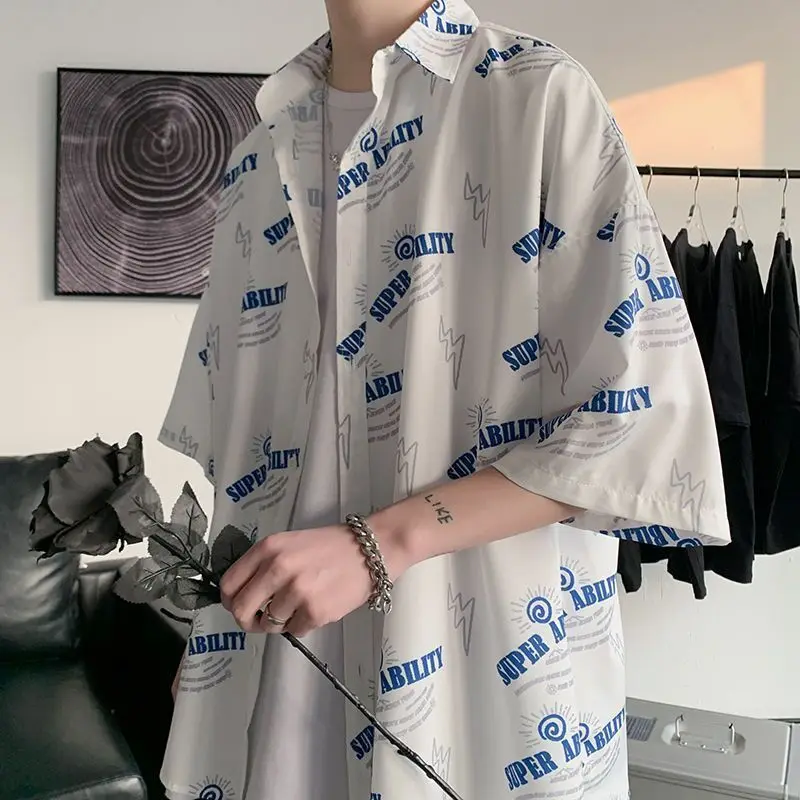 men shirts Summer Letter Printing Loose Short-Sleeved Men's Shirt Tops Oversized Casual Harajuku Style Hawaii Tops Beach Shirt