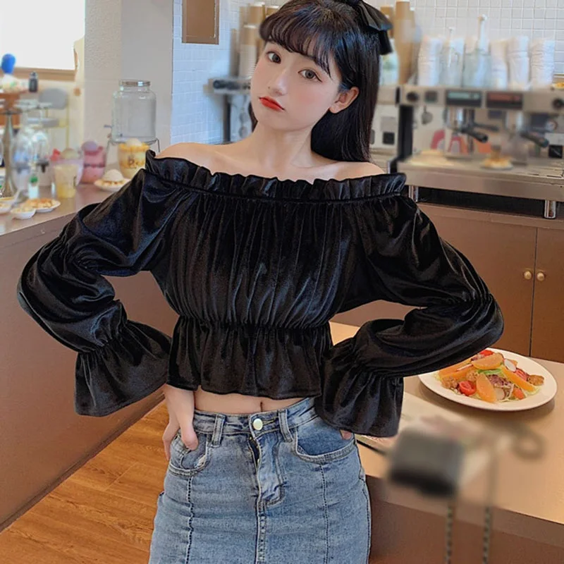 

Women Velvet Off-Shoulder Blouses Autumn Puff Sleeve Slash Neck Slim Tops Female Long Sleeve Solid Color Shirt