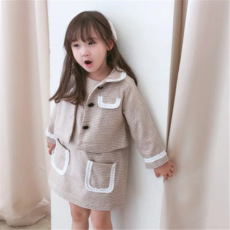 2 шт. детская клетчатая куртка с отложным воротником и длинным рукавом|Комплекты