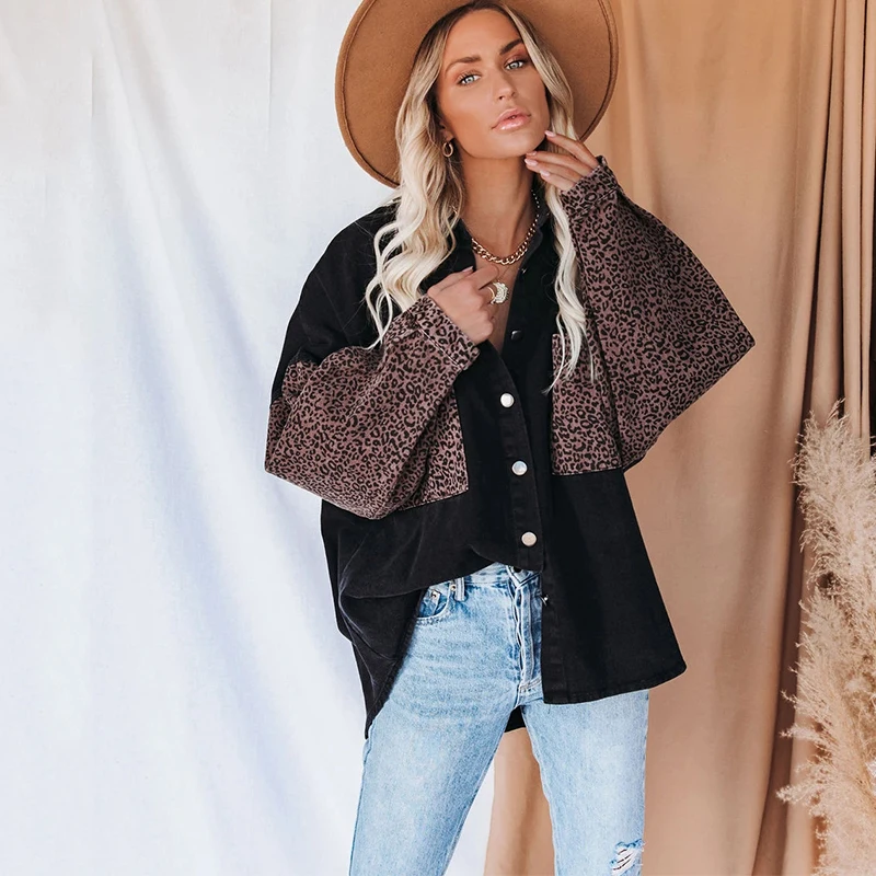 

Women's Loose Denim Jackets Long Sleeve Button Down Leopard Pockets Contrast Jean T-Shirts Jacket Female Coats New 2021