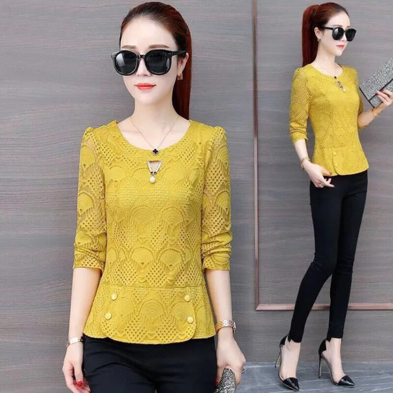 Женские кружевные блузки рубашки повседневные с длинным рукавом и круглым