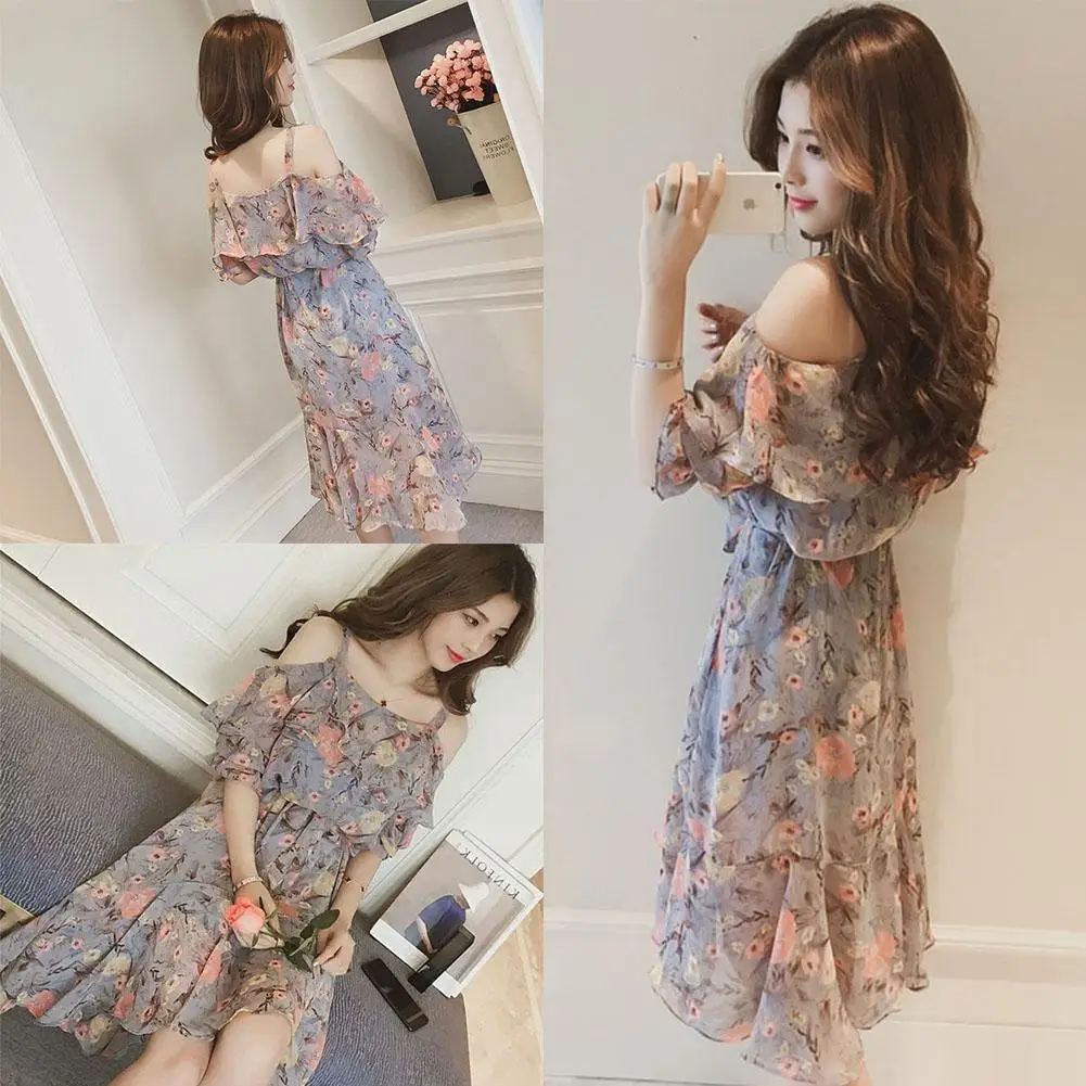 Hobbylan женское Модное шифоновое платье с открытыми плечами и цветочным