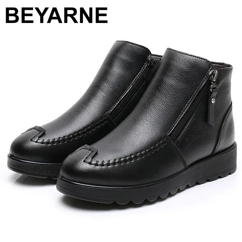 

BEYARNEWinter New Warm Wool Fur Ankle Boots Genuine Wool Full Grain Leather Long Plush Snow Boots Women High Quality Wedges Shoe