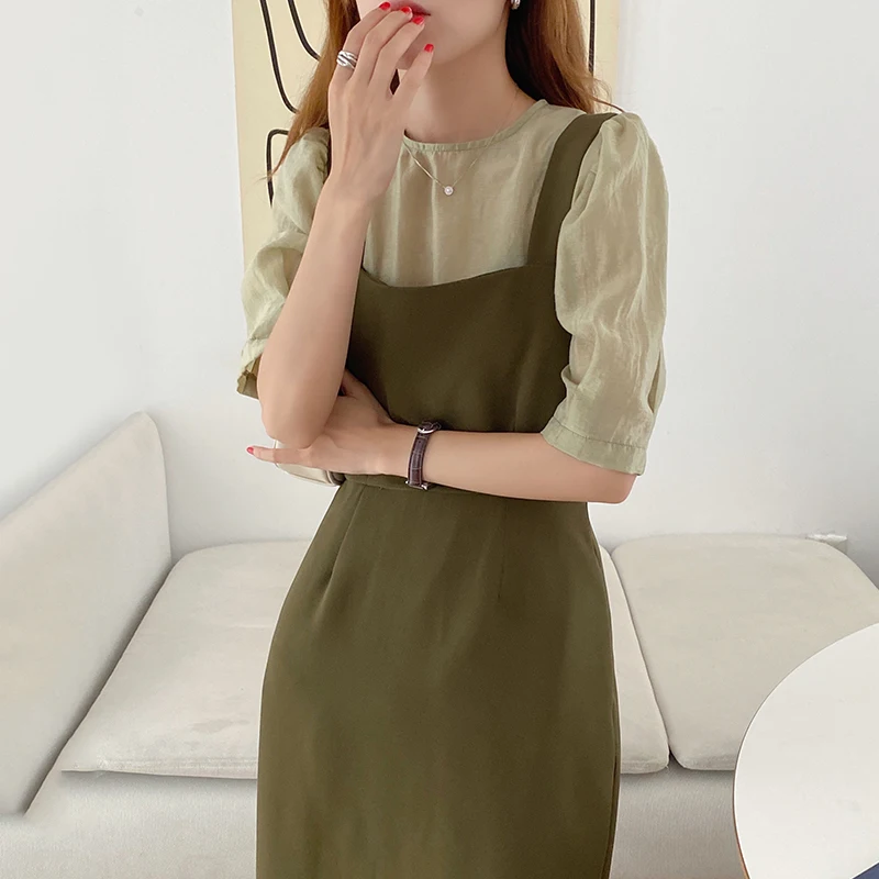 

Pinkou Women Elegant Midi Dress Suit Two Piece Set Half Sleeve Blouse Strap Dress Summer Chic Dresses Set TZ27