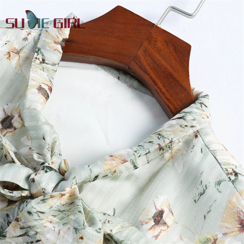 

SUDIE Girl Elegant temperament long-sleeved lace-up printed chiffon A-line dress lapel knee-length mid-length dress