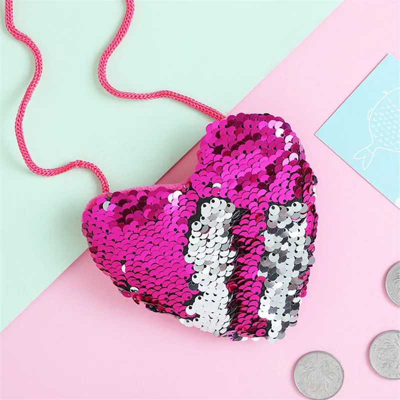 Rose Red Fashion Baby Girl Princess Heart Shape Bags Shoulder Paillette Bag Crossbody Heart Mini Bags Kids Colorful Luxurious Wallet - Цвет: Rose Red