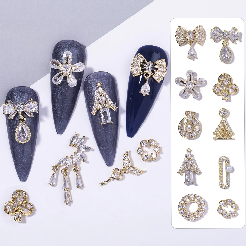 

Latest 2 pc alloy Zircon Nail art decoration luxury zircon rhinestone tassel heart wing nail jewelry high end long nail charms