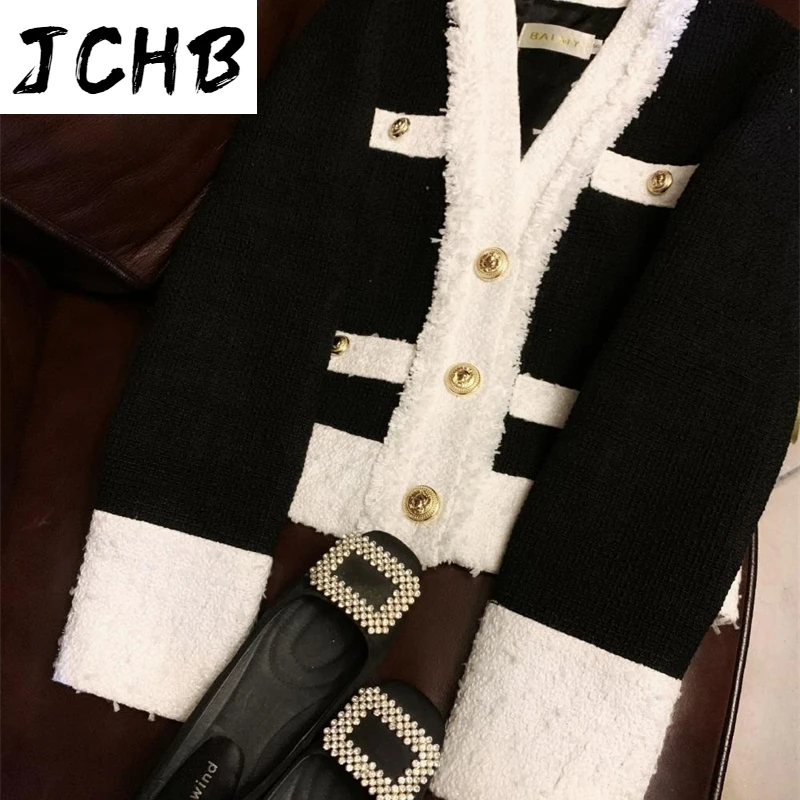 

winter autumn 2021 women white black color block tweed jackets OL v-neck buttons short coats patchwork Y664