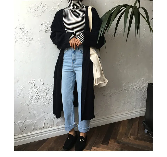 Yocalor Fashion Long Cardigan Women Harajuku Loose Knit Sweater Women Casual Black Oversized Jacket Coat Autumn