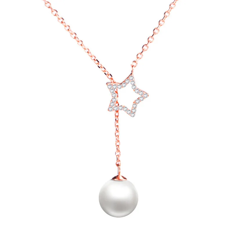 

100% 925 Sterling Silver Fashion Pearl Star Lady Pendant Necklaces Jewelry Women Gift Short Choker Chains No Fade