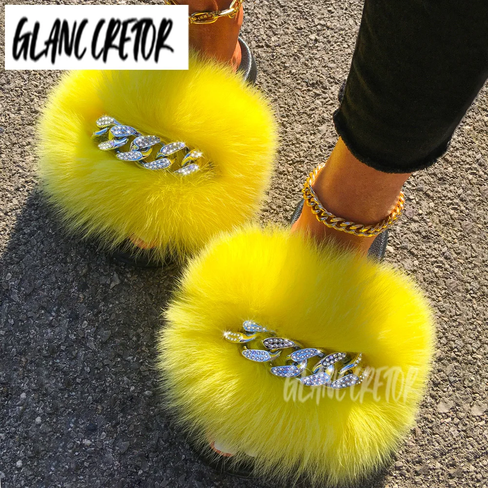 

Fox Sandals Furry Fur Slippers Fluffy Flip Flops Diamond Chain Real Ladies House Slippers Beach Flat Shoes Fur Slides For Women