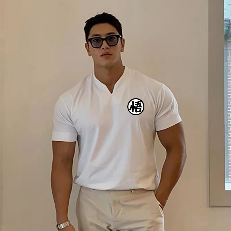 

2021 Mens Training Fashion Short Sleeve Fitness Tshirt Cotton Clothing Bodybuilding Trend Casual Sports Running V-neck T Shirts