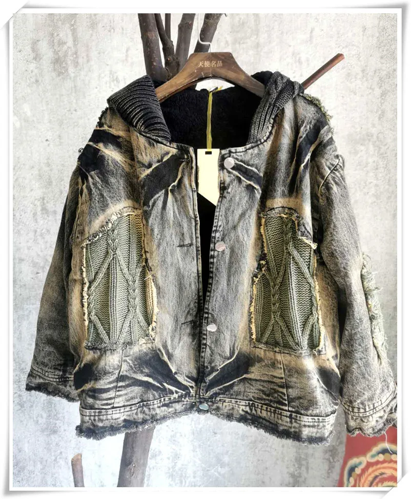 

Tide Washed White Denim Knitted Lining With Plush Hooded Motorcycle Style Cool And Handsome Jacket For Women Color Patchwork