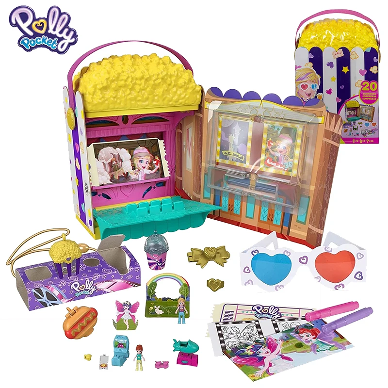 

Original Polly Pocket Un-Box-It Popcorn Theater Party Toys for Girls Mini Polly Dolls Surprises Accessories Snack House Kids Toy