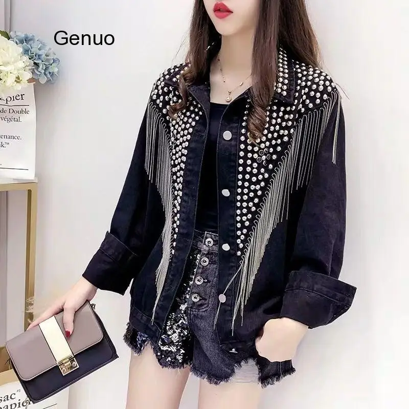 Весна Осень 2020 джинсовая куртка пальто для женщин с заклепками кисточками