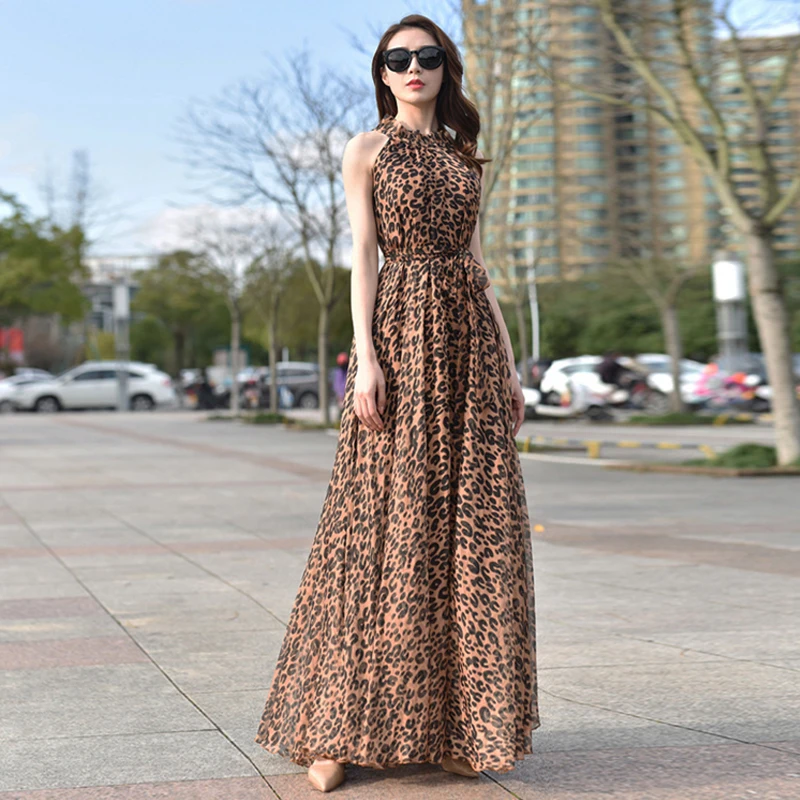 Женское платье-макси с леопардовым принтом длинное пляжное платье оборками и