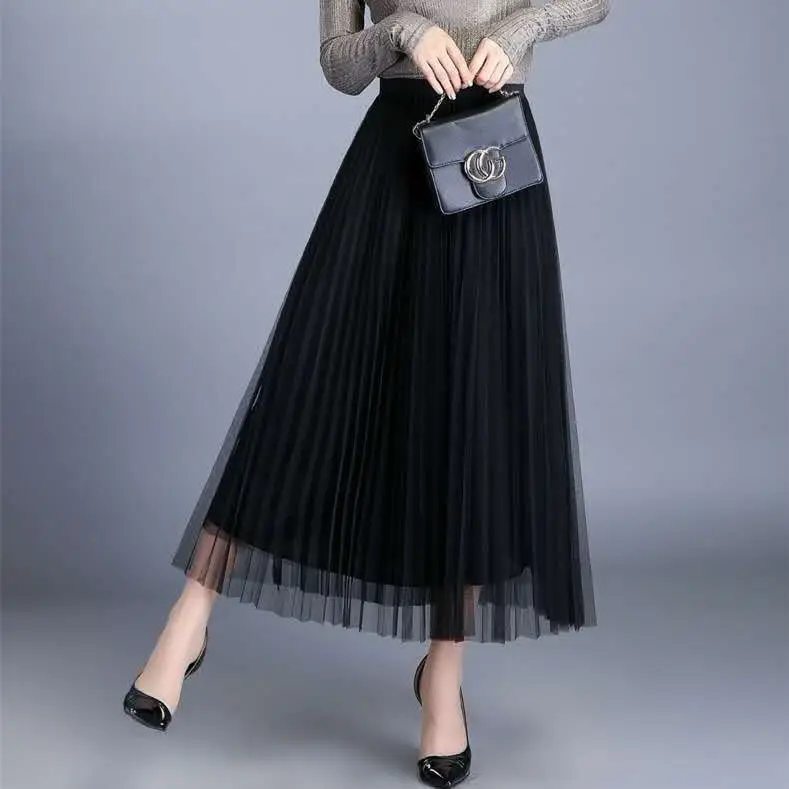 

2020 new large lace mesh [spring and summer] double side pleated skirt medium length high waist skirt