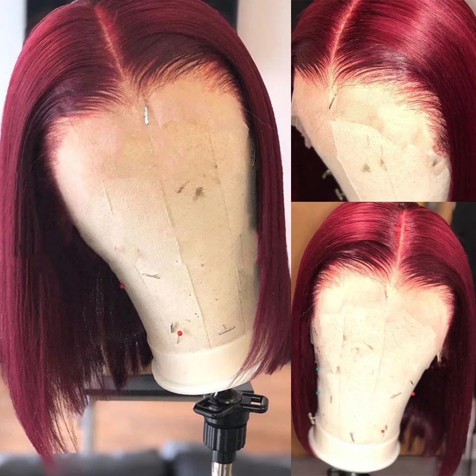 Прямые бордовый 99J Боб Синтетические волосы на кружеве парики для Для женщин 13x4