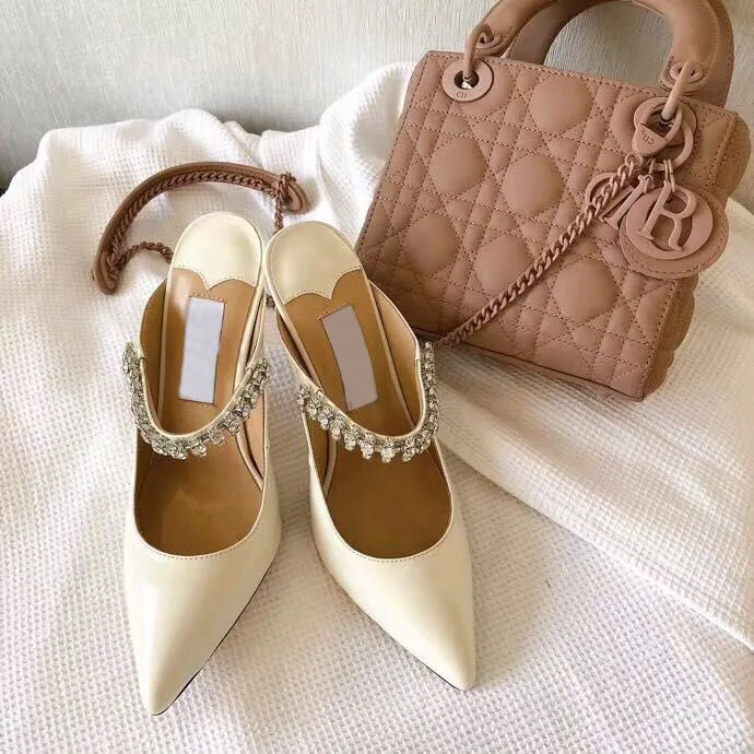 

2021 Bowknot Rhinestone Luxurious Women Pumps Pointed-Toe Natural Silk Leather Summer Thin Heel Sandal Party Wedding mujer Shoes