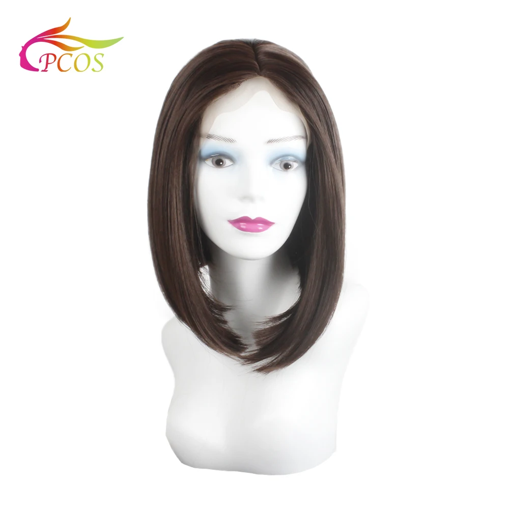 

14"Short Female Bobo Front Lace Synthetic Wigs Brown Middle-part Wig for Black White Women Frontal Lace Line Hair Wig