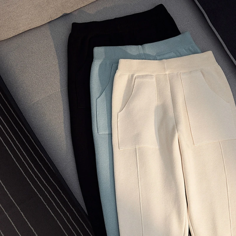 

Women's Winter Cashmere Blend Thick Knit Harem Pants Loose Leisure Pockets Knitted Wool Ankle Length Trousers Female