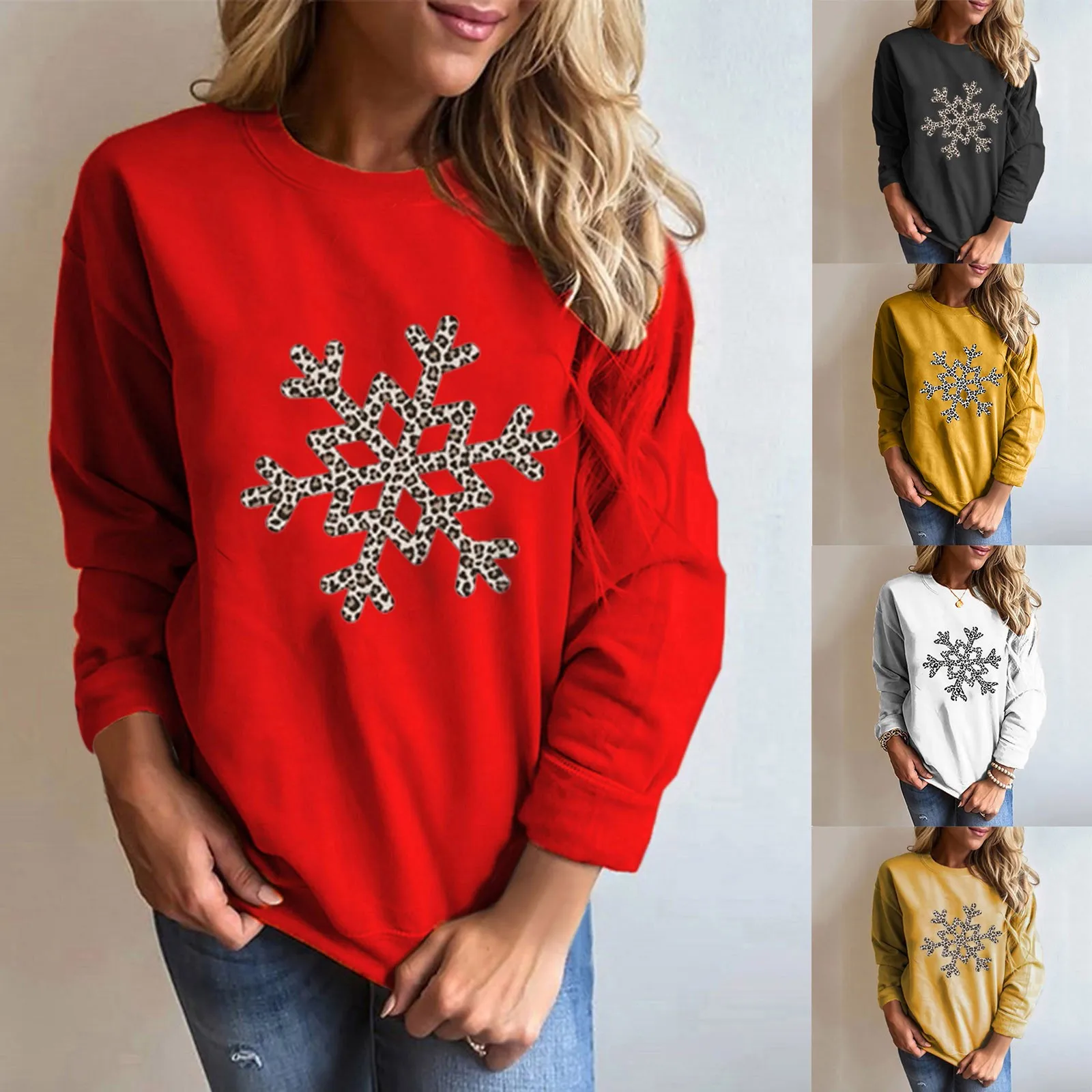 

2021 Sweatshirt Women T-Shirt Christmas Snowflake Print Sweatshirt Long Sleeve Blouse Femme Vetement #Q