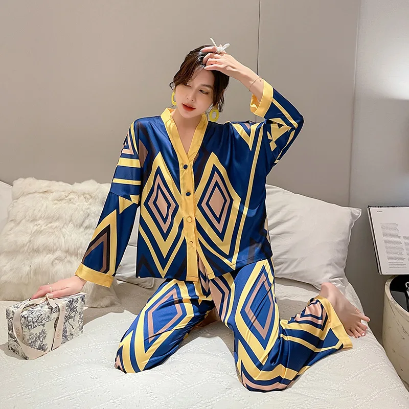 Women's Pajamas Set Super Big Rhombus Print Sleepwear Silk Like Nightwear Casual Homewear pajamas suit for women pijama mujerc