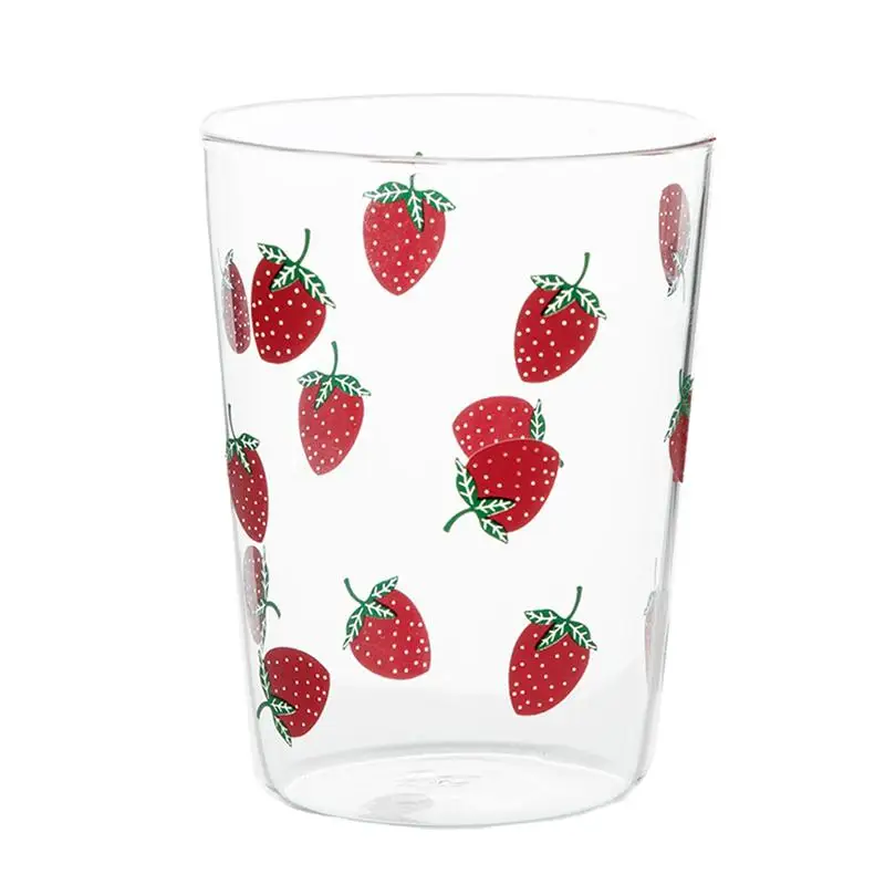 1pc Cute Strawberry Printing Glass Milk Cup Simple Storage Tea Transparent for Home Office |