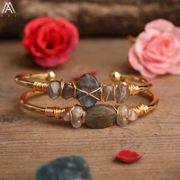 fashion natural stone chip beads bracelets gold copper wire wrapped flash labradorite faceted beads open cuff bangles for women
