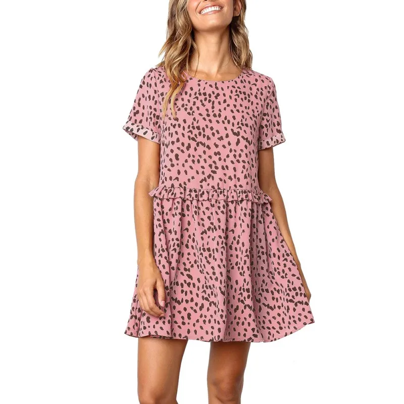 Женское летнее платье с коротким рукавом принтом рюшами свободное Повседневный