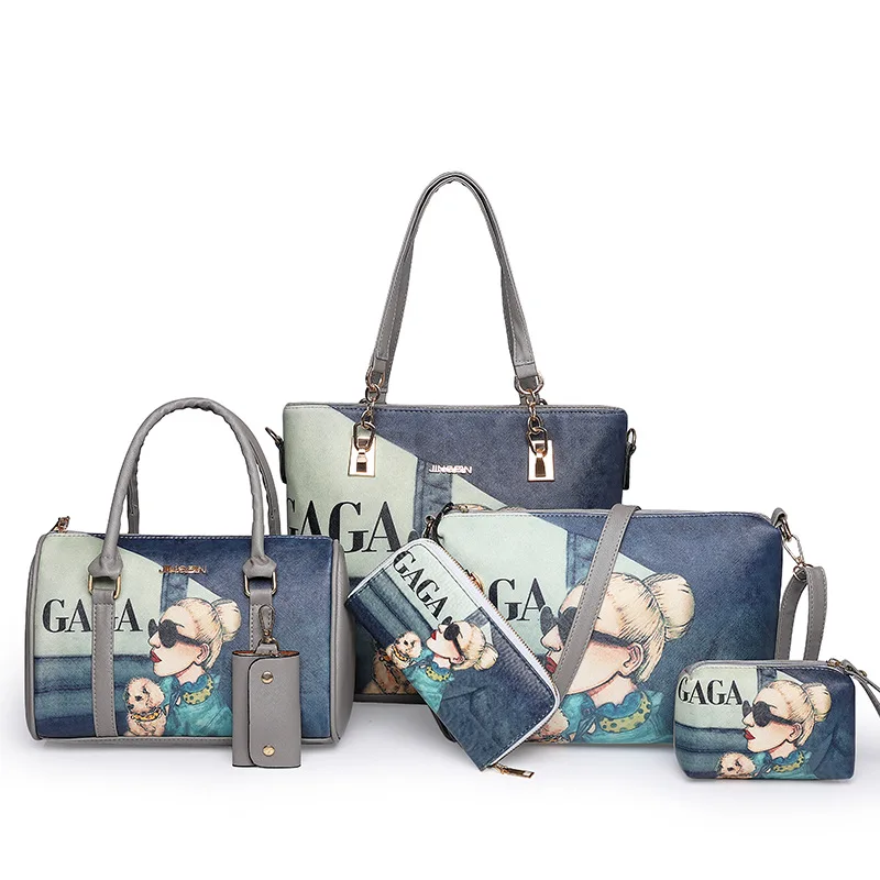 

High Quality PU Leather Women Handbags 6 Pieces Set Printed Shoulder Bag Ladies Crossbody Bags Large Capacity Tote Bags