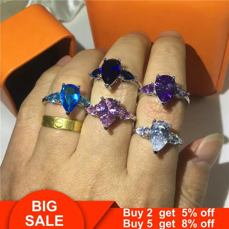 Капля воды кольцо Настоящее 925 стерлингового серебра AAAAA cz Камень Обручальное