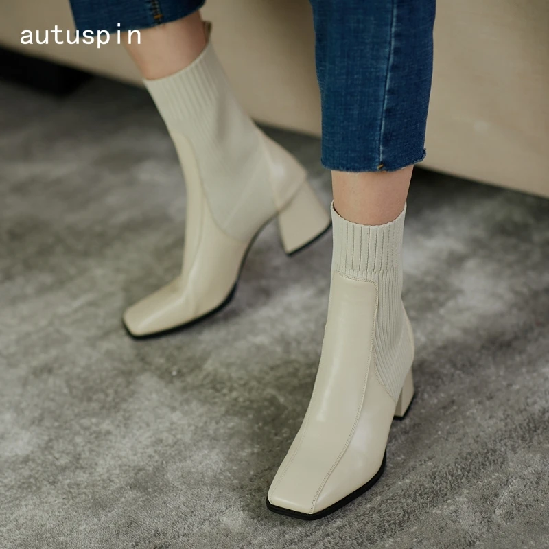 

autuspin Vintage Handmade Genuine Leather Women's Ankle Boots Fashion Square Toe Thick Heels Female Elegant Party Comfort Shoes