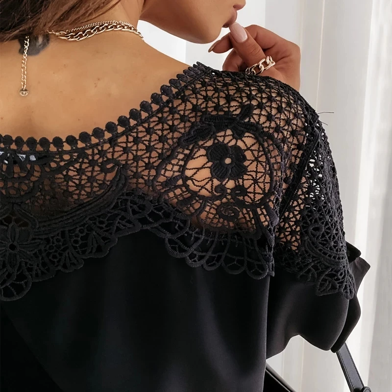 

Blouse Shirt Women Lace Patchwork Casual Loose Long Sleeve Tops Office Ladies Elegant OL Commuting Pullover Tops