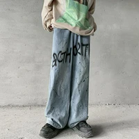 graffiti jeans mens hip hop loose wide leg straight pants trend casual mop trousers streetwear denim men summer jeans fashion
